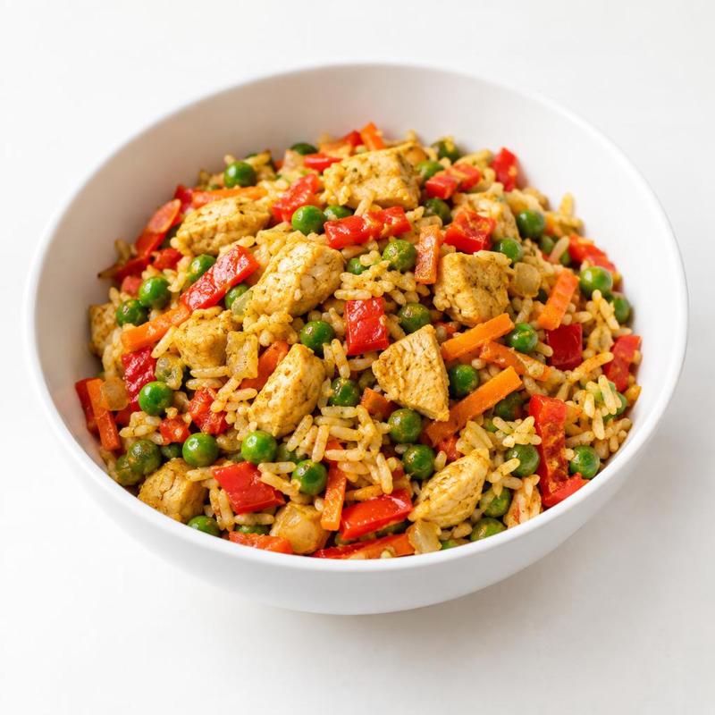Ryż smażony z indykiem, groszkiem i curry