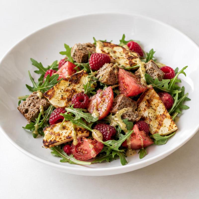 Sałatka z halloumi i malinami w sosie musztardowym