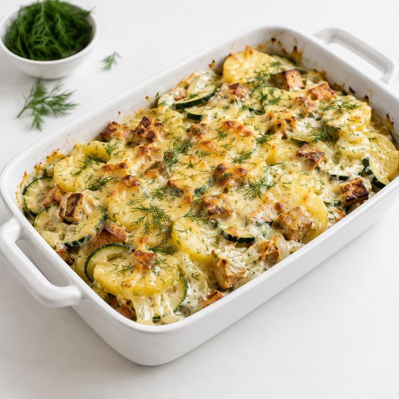 Zapiekanka ziemniaczana z wędzonym tofu w sosie jogurtowo-koperkowym