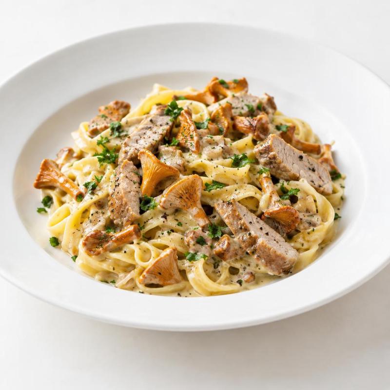 Tagliatelle z polędwicą i kurkami w sosie śmietanowo-czosnkowym