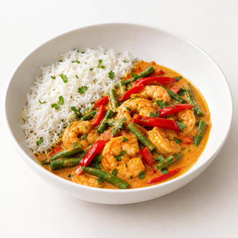 Curry z krewetkami i fasolką w mleczku kokosowym
