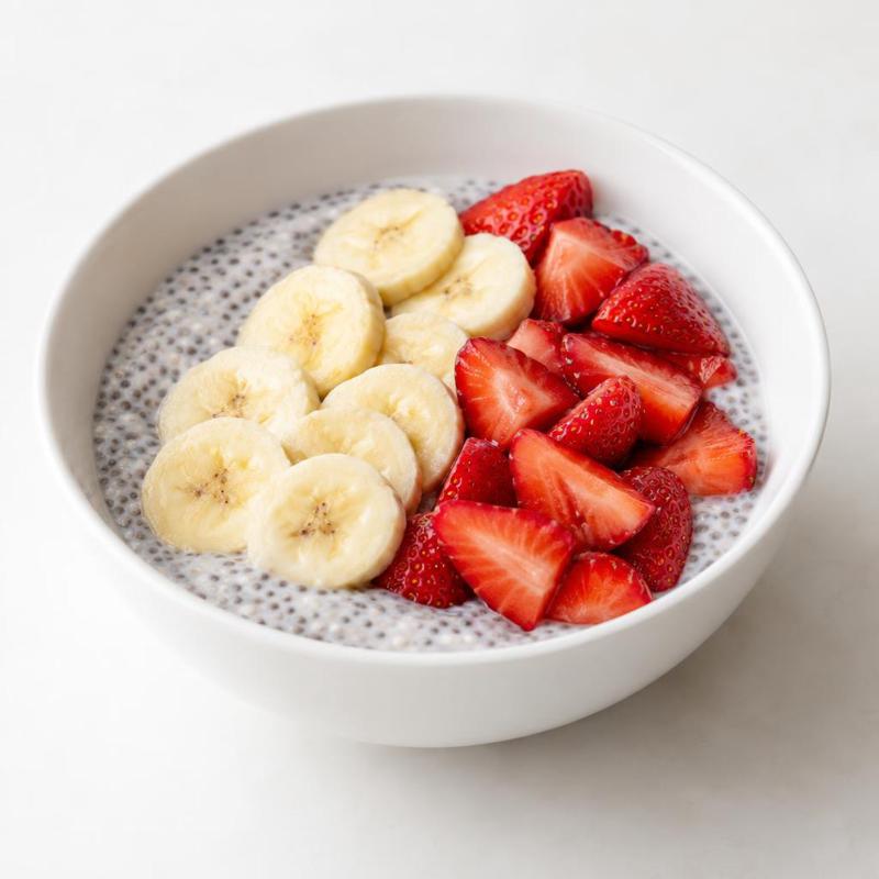 Pudding chia na mleku pod bananem oraz truskawkami