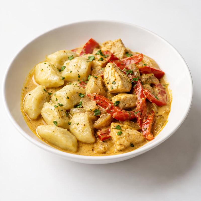 Kopytka z kurczakiem w kokosowym curry z papryką