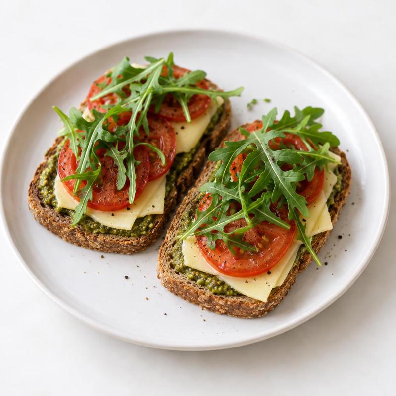 Kanapki graham z pesto, pomidorem i rukolą