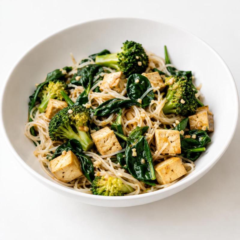 Makaron ryżowy z tofu w sosie czosnkowo-sojowym