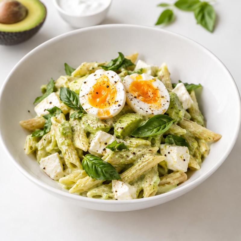 Penne z kremem awokadowo-jogurtowym, jajkiem i mozzarellą