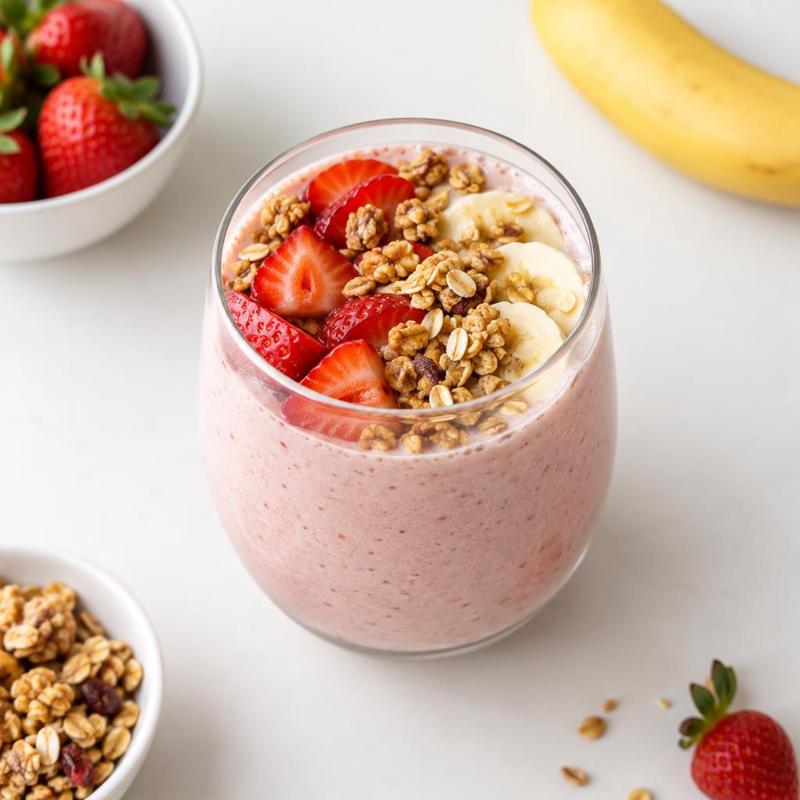 Koktajl truskawkowo-bananowy z kefirem i chrupiącą granolą