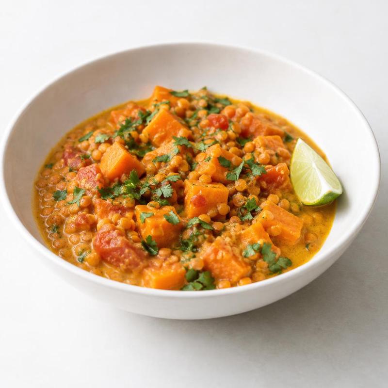 Bataty oraz czerwona soczewica w curry na mleczku kokosowym