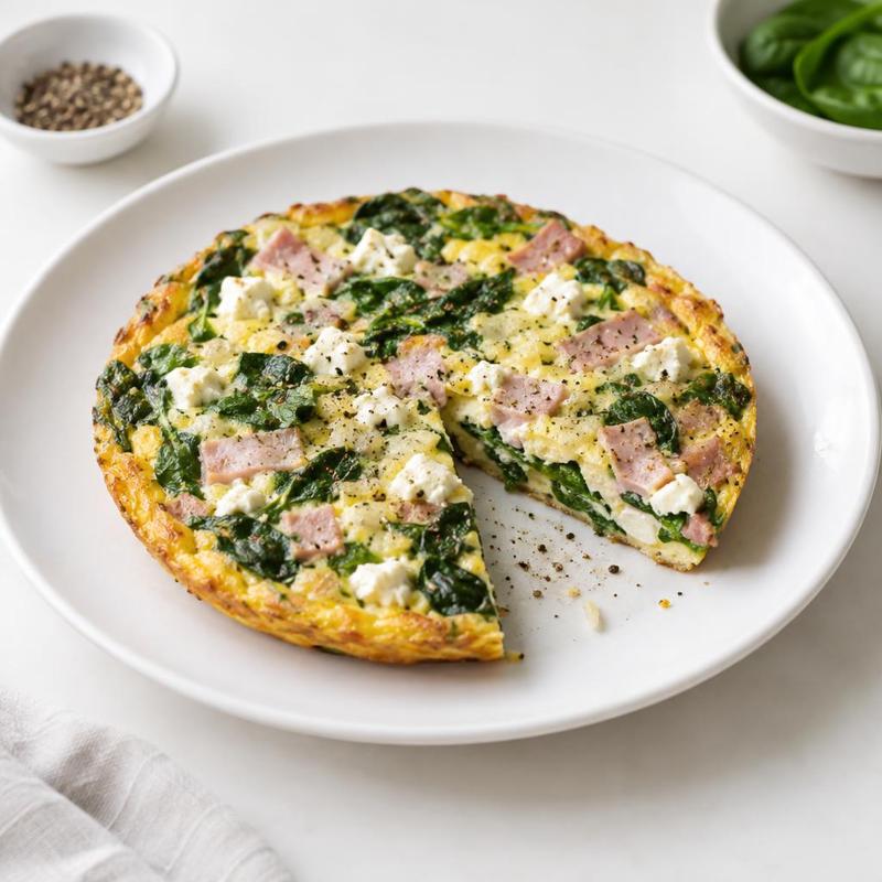 Frittata z szynką, szpinakiem i fetą pieczona na patelni