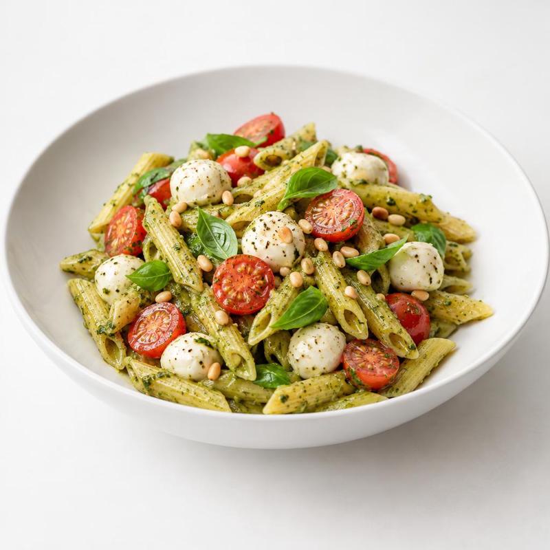 Penne z pesto bazyliowym, pomidorkami i mozzarellą