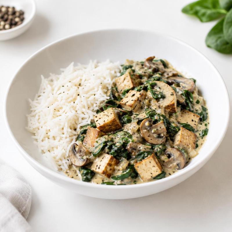 Ryż z wędzonym tofu w sosie pieczarkowo-szpinakowym