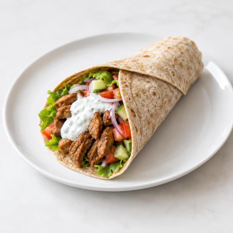 Tortilla z gyrosem roślinnym i sosem tzatziki
