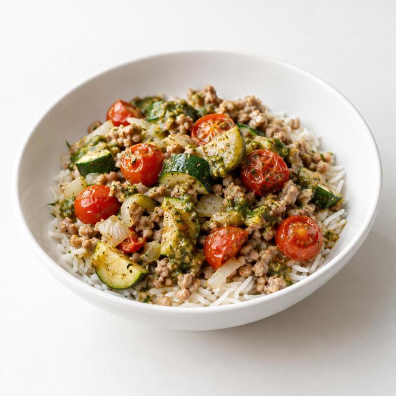 Ryż basmati z wieprzowiną, cukinią i pesto