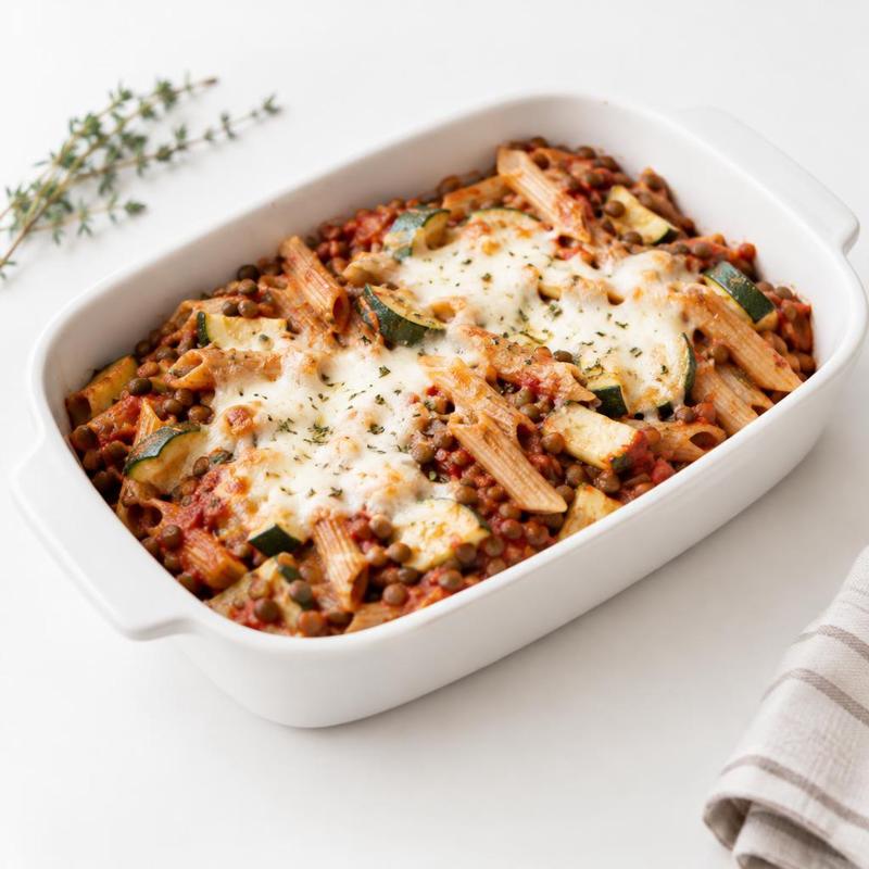 Penne z soczewicą i cukinią zapiekane pod mozzarellą
