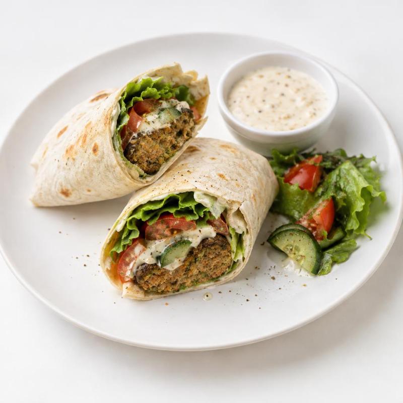 Tortilla z kotletem roślinnym i sosem serkowo-musztardowym