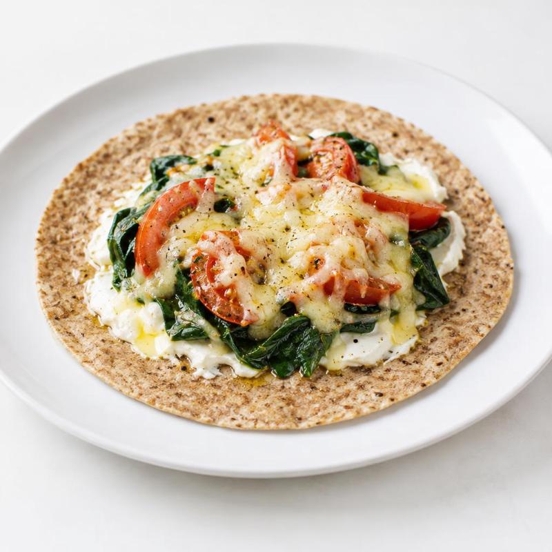 Tortilla pełnoziarnista z patelni ze szpinakiem oraz pomidorem