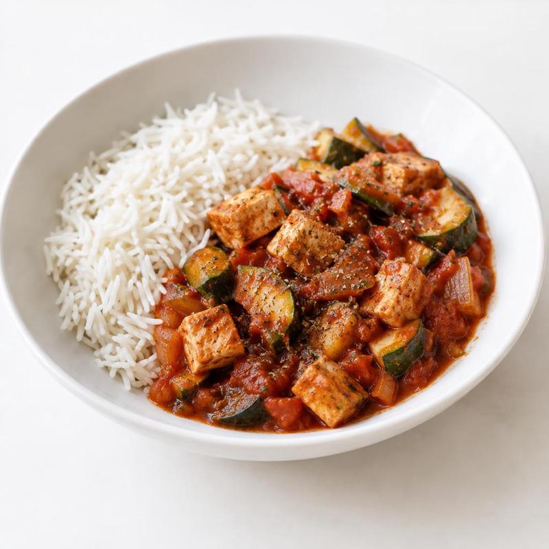 Tofu wędzone w sosie pomidorowym z cukinią