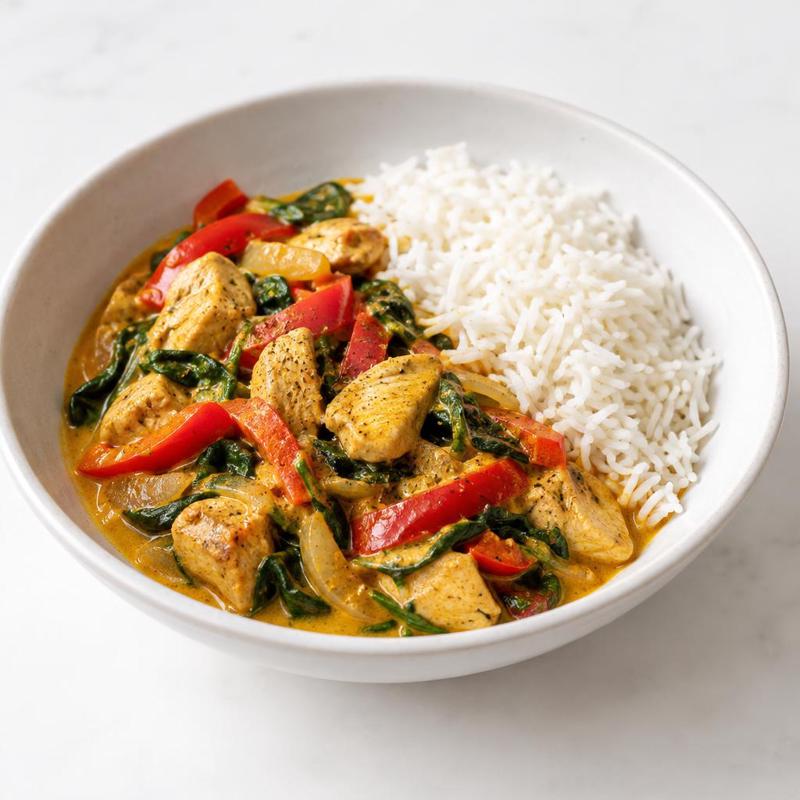 Kurczak w kokosowym curry z papryką i ryżem