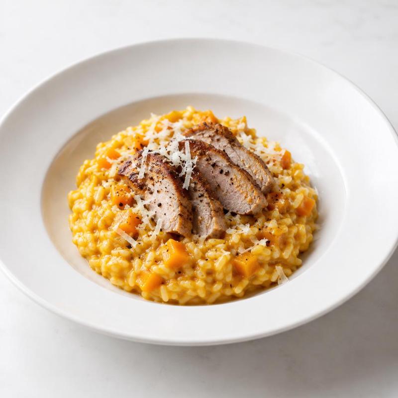 Risotto z dynią, parmezanem i smażoną polędwicą