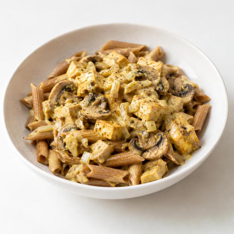 Makaron pełnoziarnisty ze smażonym tofu w śmietance i curry