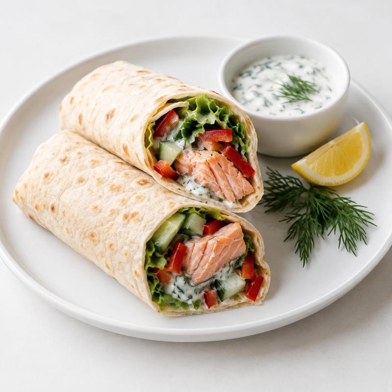Tortilla z łososiem i sosem jogurtowo-koperkowym