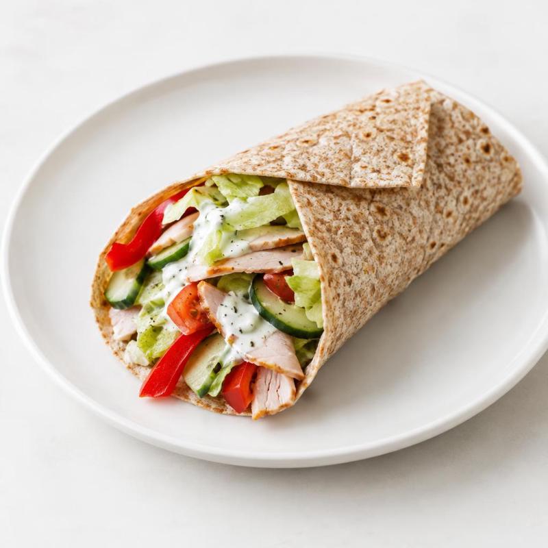Tortilla pełnoziarnista z warzywami oraz wędzoną piersią kurczaka