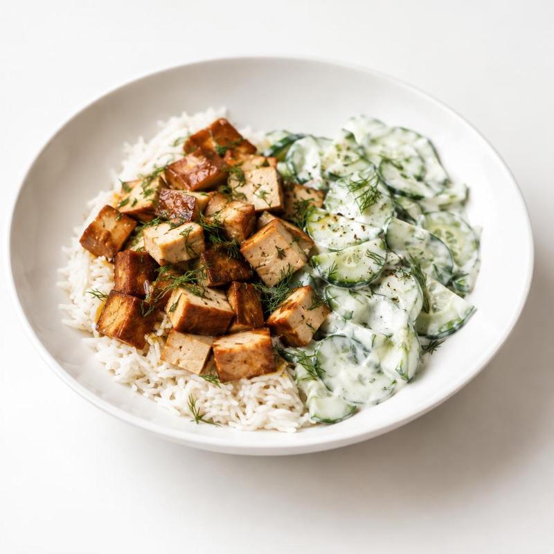 Wędzone tofu na ryżu basmati z mizerią