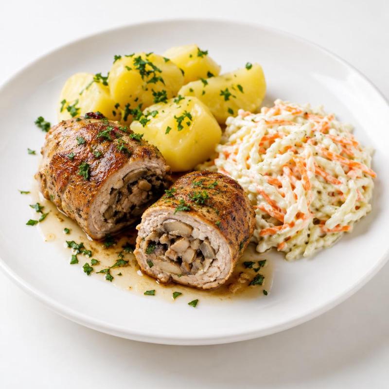 Roladki schabowe z pieczarkami i surówką śmietanową