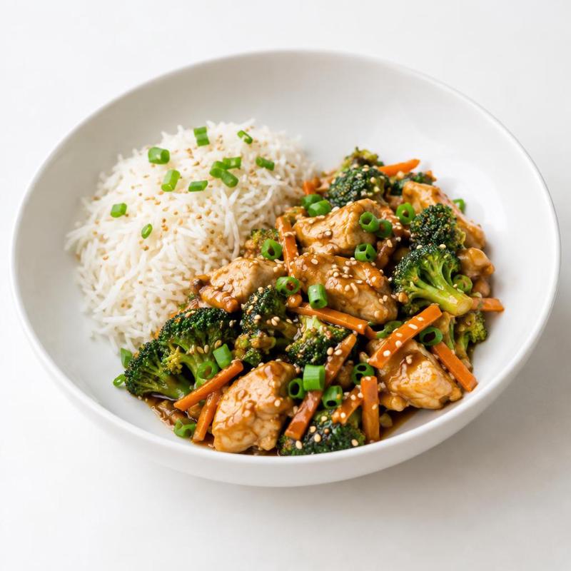 Kurczak w sosie sojowo-sezamowym z ryżem i brokułem