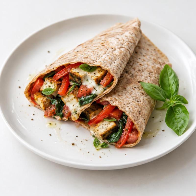 Pełnoziarnista tortilla z wędzonym tofu, papryką oraz bazylią