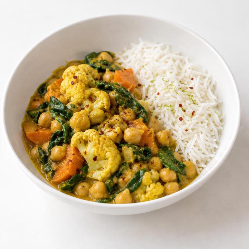 Curry kalafiorowe z ciecierzycą i ryżem basmati