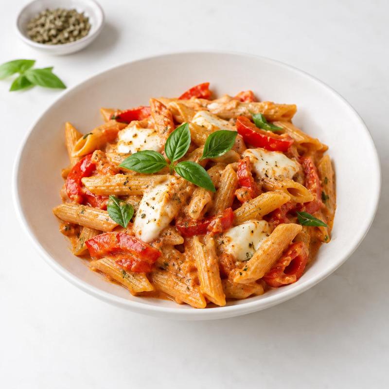 Penne z mozzarellą w sosie paprykowym z bazylią