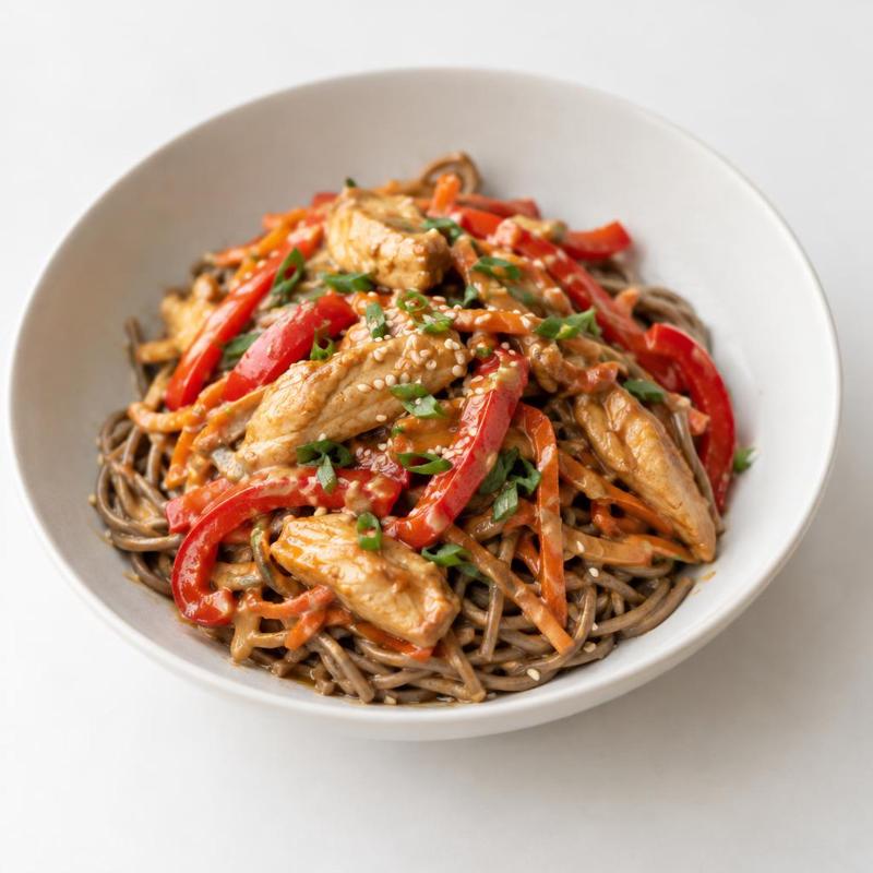 Kurczak, soba i papryka w sosie tahini