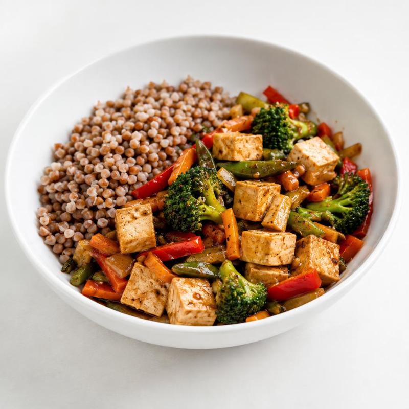 Kasza gryczana z tofu w sosie sojowo-czosnkowym