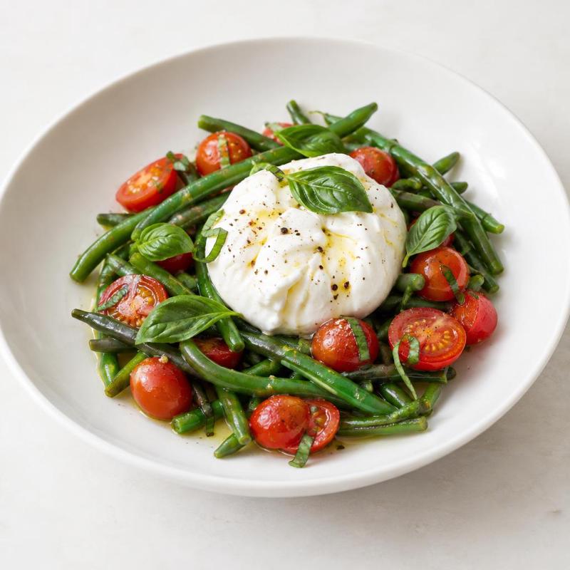 Burrata z fasolką, pomidorkami i bazylią