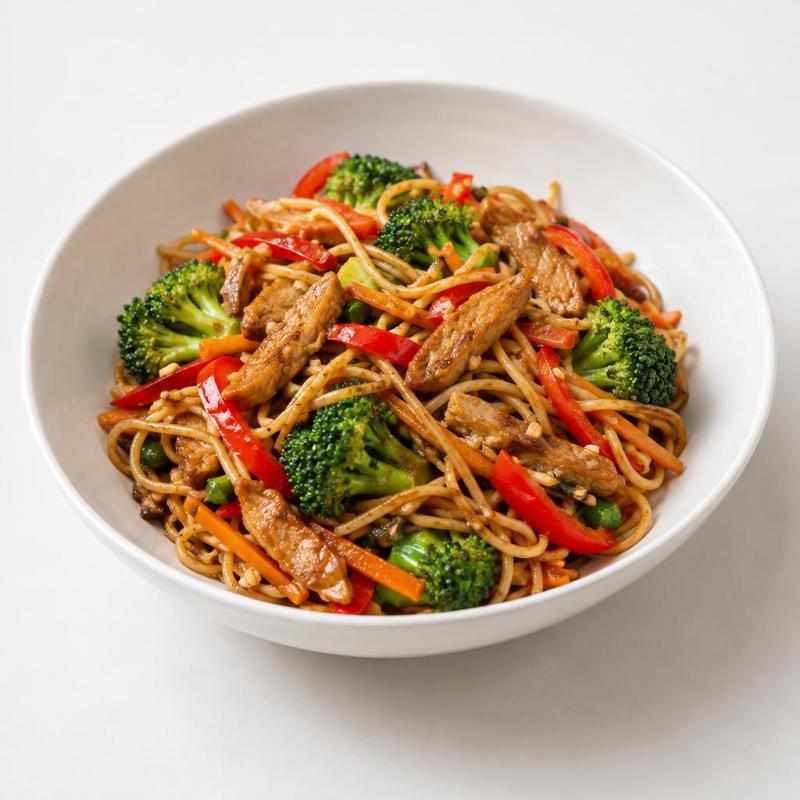 Makaron chow mein z seitanem w sosie sojowo-imbirowym