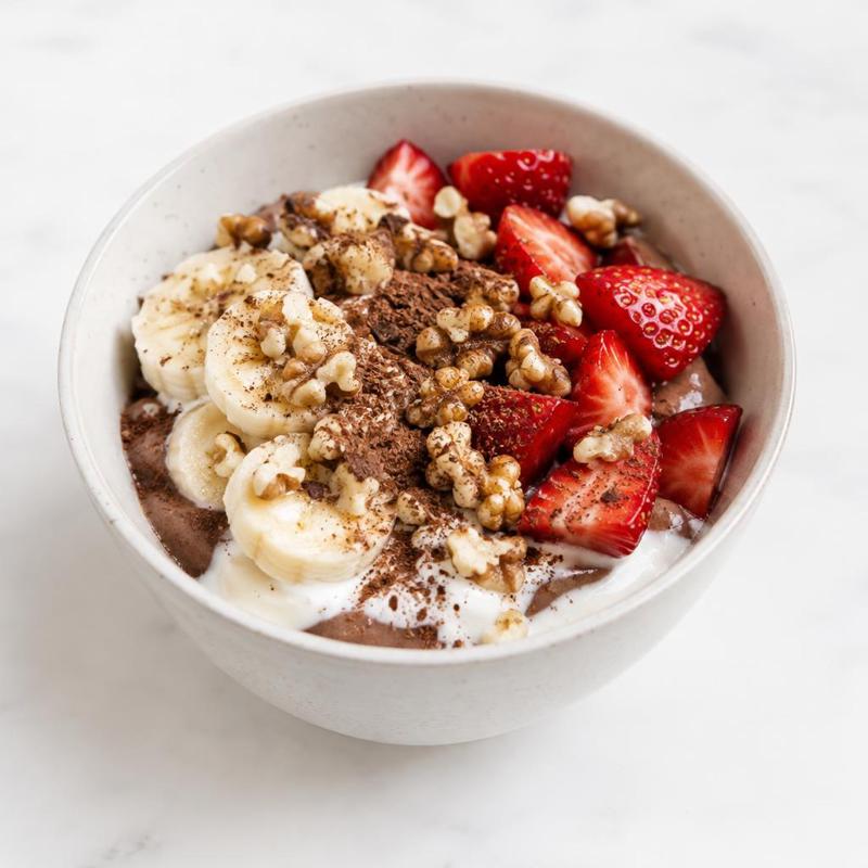 Parfait kakaowy z bananem, truskawkami i orzechami