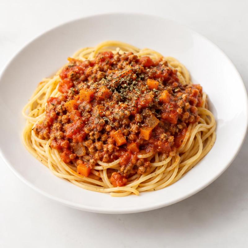 Spaghetti z sojowym sosem bolońskim i marchewką