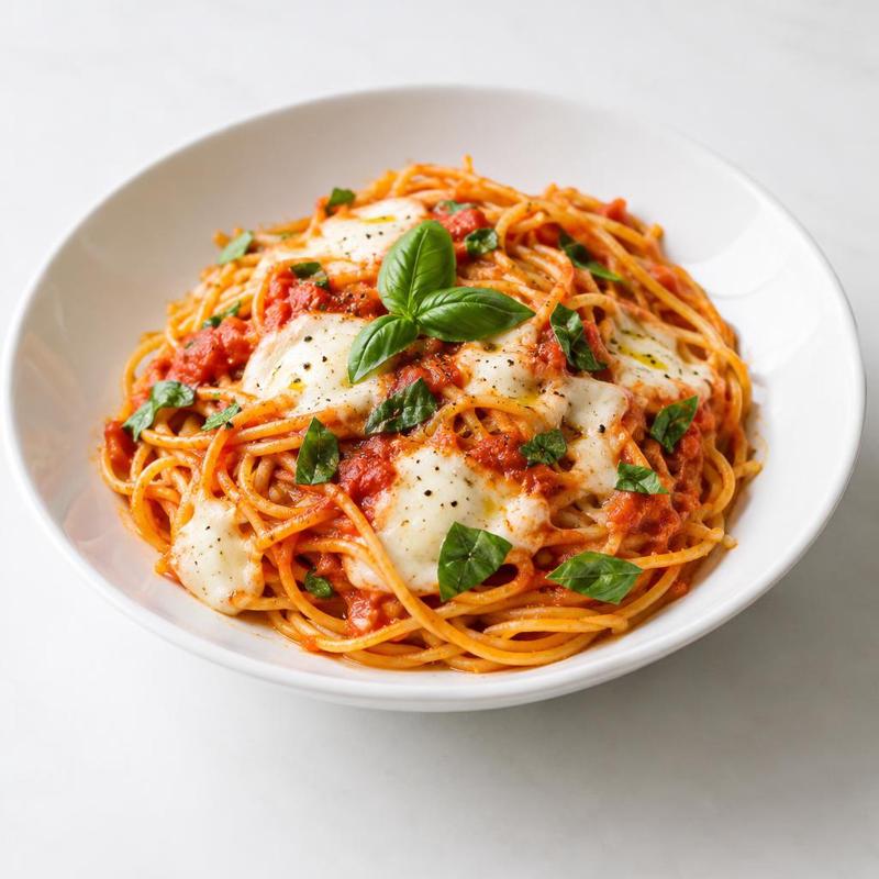 Spaghetti kukurydziane z mozzarellą w sosie pomidorowo-bazyliowym