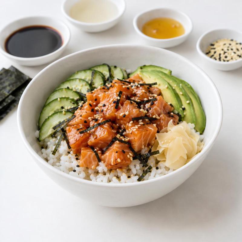 Sushi w misce z łososiem w glazurze imbirowej