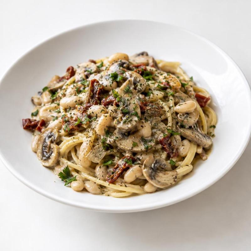 Spaghetti z pieczarkami w kremowym sosie fasolowym