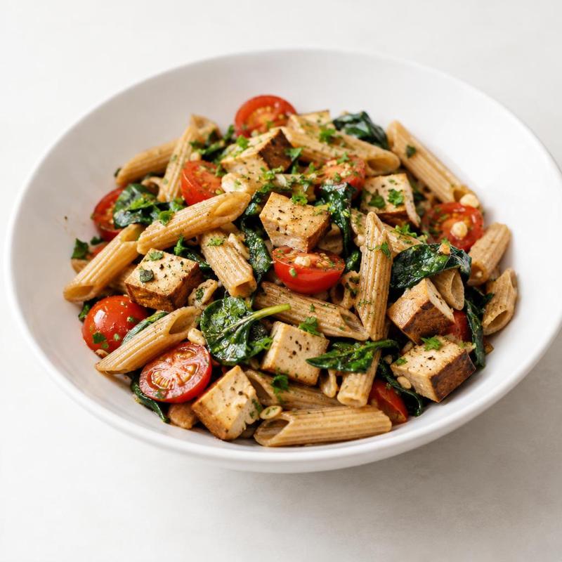 Makaron z tofu wędzonym, czosnkiem i pomidorkami