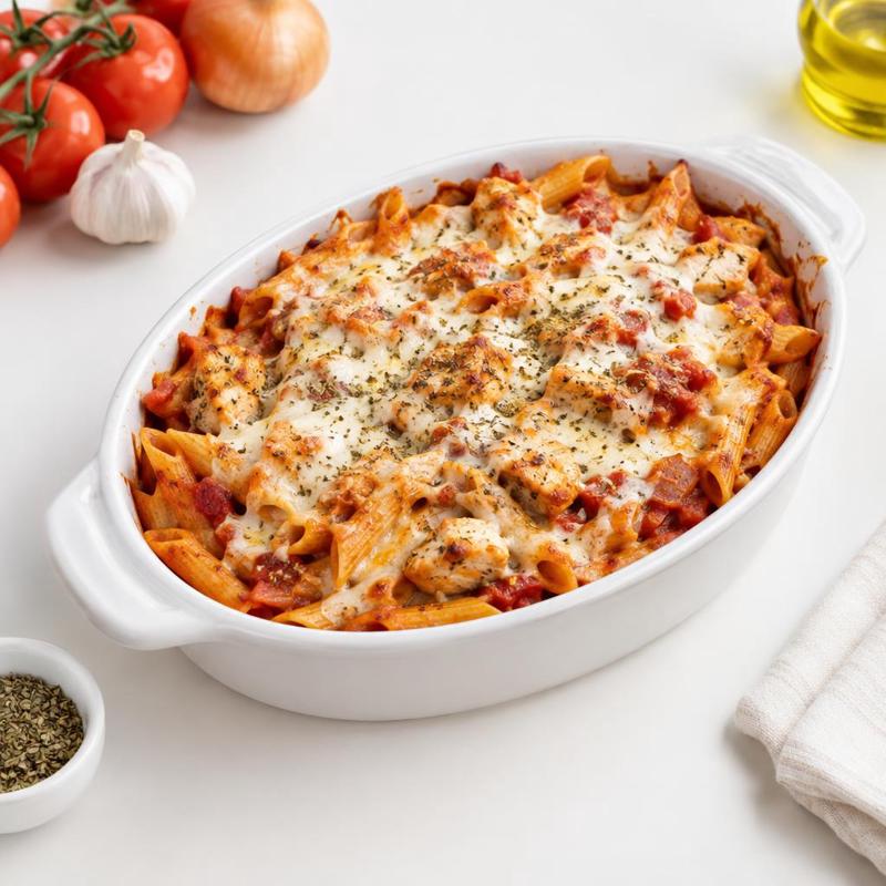 Zapiekanka penne z kurczakiem pod mozzarellą
