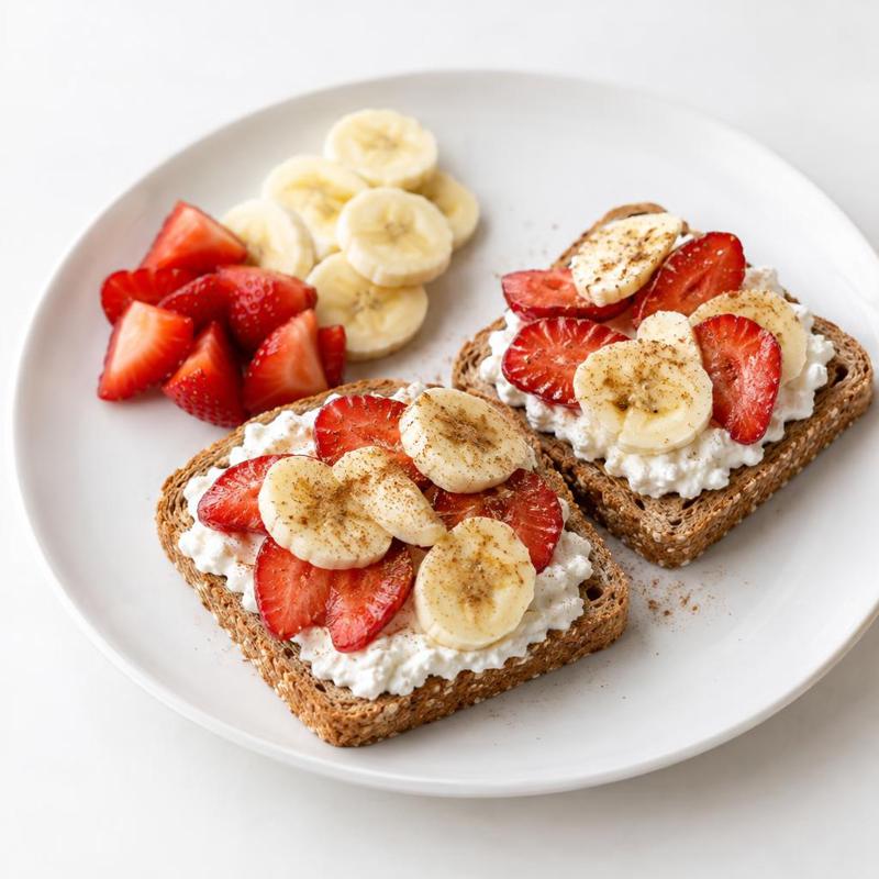 Tosty graham z twarożkiem, truskawkami i bananem