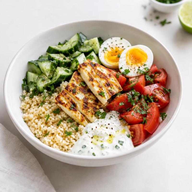 Sałatka z kuskusem, halloumi i sosem limonkowo-jogurtowym