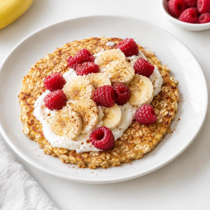 Omlet owsiany z kremem kokosowym, bananem i malinami
