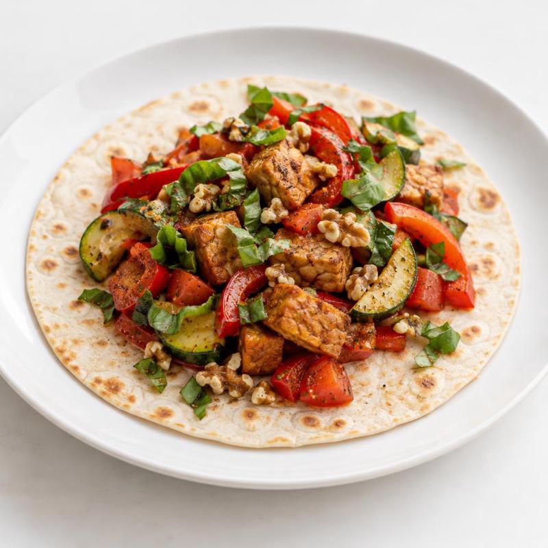 Tortilla ze smażonym tempehem, cukinią oraz papryką
