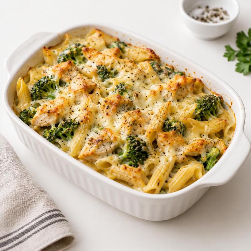 Zapiekanka penne z kurczakiem w czosnkowym sosie serowym