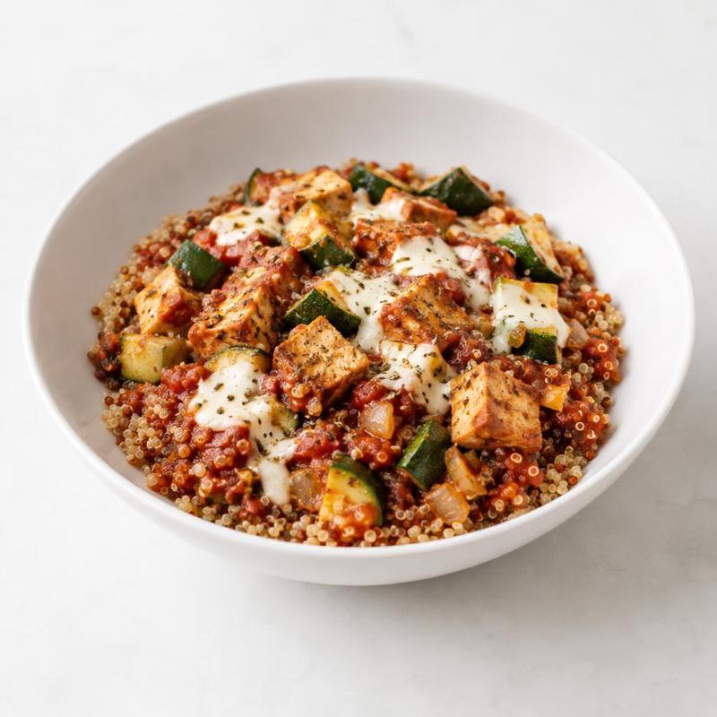 Komosa z wędzonym tofu w sosie pomidorowym z mozzarellą