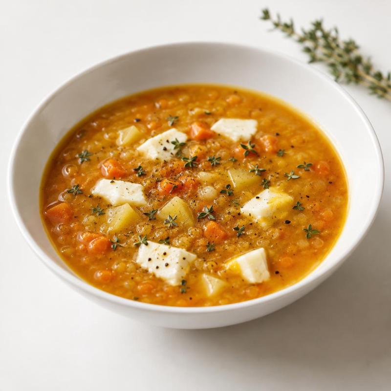 Zupa marchewkowa z soczewicą, mozzarellą i tymiankiem